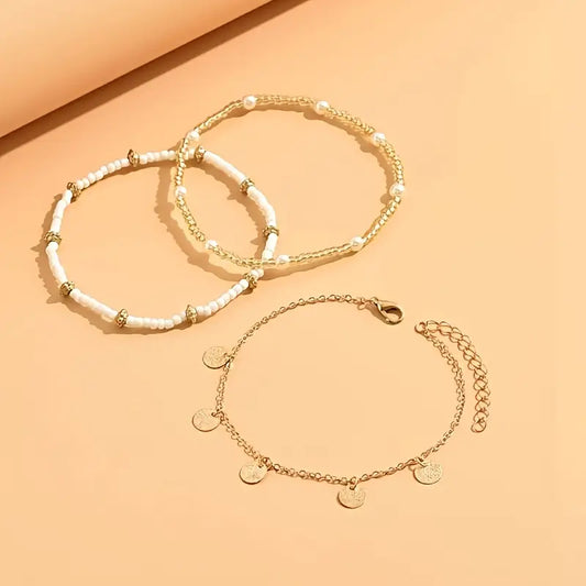Coastal Charm 3-Piece Lagdelt Ankelkæde Sæt | Guld