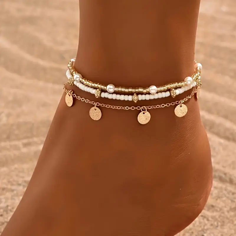 Coastal Charm 3-Piece Lagdelt Ankelkæde Sæt | Guld