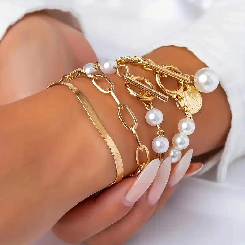 Chic Guld 4-Piece Armbånd Sæt - Slange, Perler & Lænker | Guld