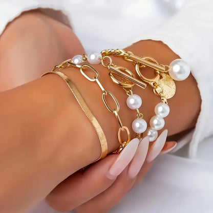 Chic Guld 4-Piece Armbånd Sæt - Slange, Perler & Lænker | Guld