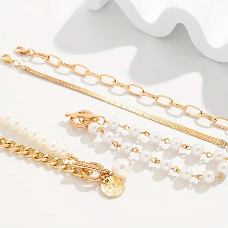 Chic Guld 4-Piece Armbånd Sæt - Slange, Perler & Lænker | Guld