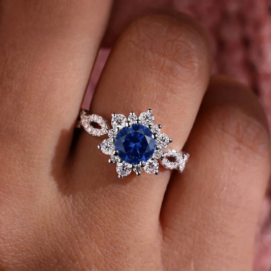 Krystal Safir Blomst Ring | Hvidguld