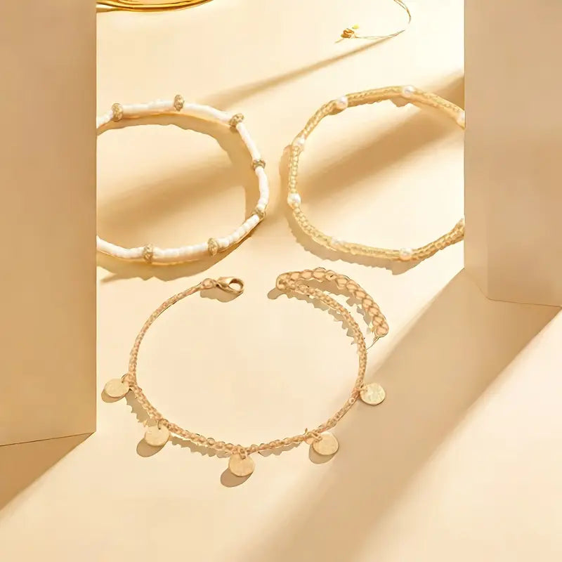 Coastal Charm 3-Piece Lagdelt Ankelkæde Sæt | Guld